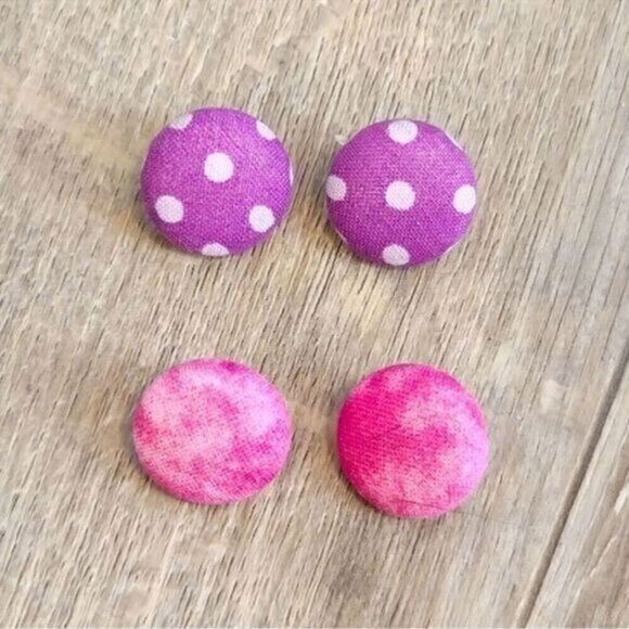 EUC - Fabric Button Post Earrings Purple Polka Dot and Pink Watercolor - 2 pairs - Picture 1 of 4